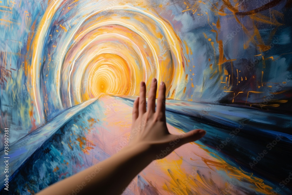 Fototapeta premium hand reaching out towards a mural that appears like a tunnel