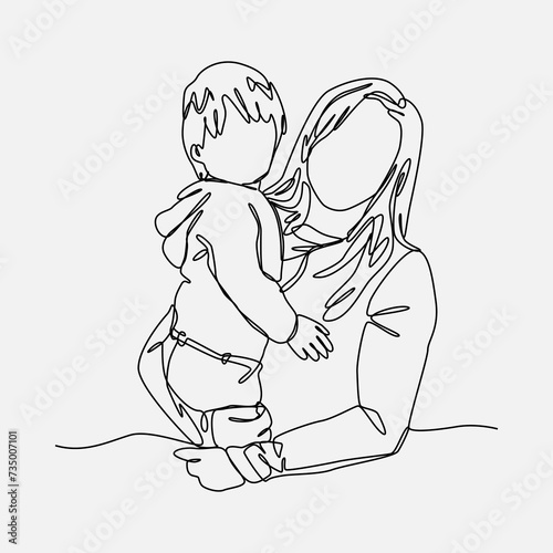 Continuous single line drawing of a mother holding her baby. Editable stroke. Vector illustration on white background.