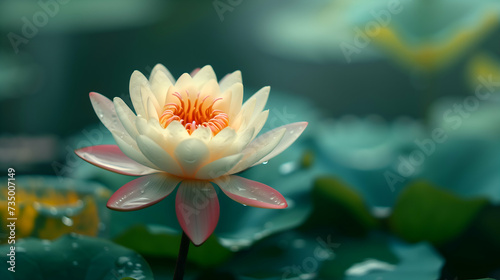Pristine white and pink lotus flower floats on dark water, surrounded by green lily pads