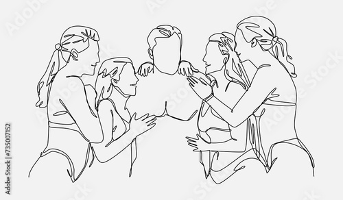 men surrounded by many sexy women. continuous one line drawing style. wearing swimwear, beach atmosphere. isolated on white background. vector illustration.