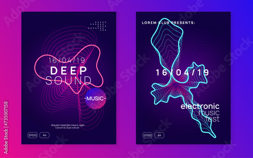 Trance party. Bright concert magazine set. Dynamic fluid shape and line. Neon trance party flyer. Electro dance music. Electronic sound. Club dj poster. Techno fest event.