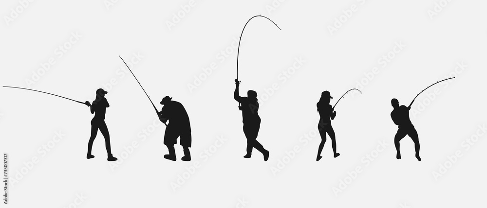set of silhouettes of fishing. isolated on white background. vector illustration. - obrazy, fototapety, plakaty 