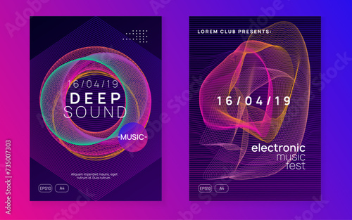 Dj event. Futuristic concert brochure set. Dynamic gradient shape and line. Dj event neon flyer. Techno trance party. Electro dance music. Electronic sound. Club fest poster.