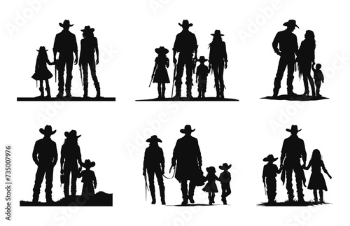 Cowboy Family black Silhouettes Vector Set, American Cowboy and Cowgirl Silhouette bundle