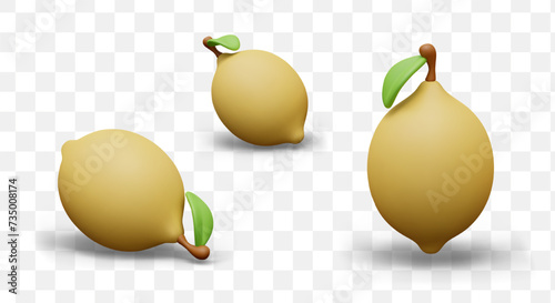 Yellow lemon with leaf. 3D illustration in plasticine style. Whole ripe citrus