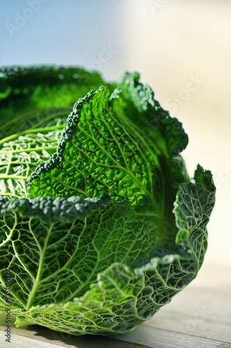 Closeup view of green fresh organic savoy cabbage