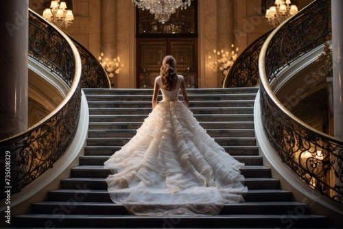 A luxurious hotel lobby with a grand staircase, a bride descending in a flowing gown