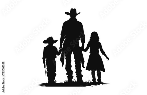 Happy Cowboy family silhouette black vector isolated on a white background