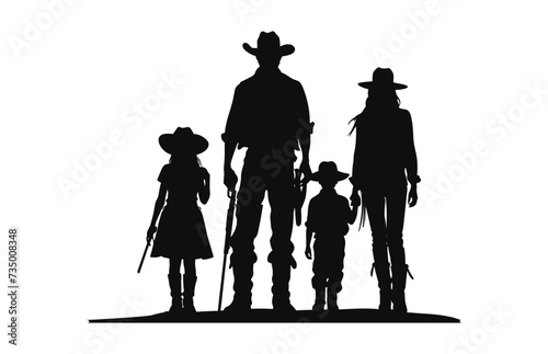 Happy Cowboy family silhouette black vector isolated on a white background