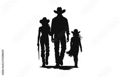 A Happy Cowboy family silhouette black vector isolated on a white background