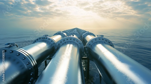 Subsea oil and gas pipeline  metal conduit for underwater transport in blue ocean photo