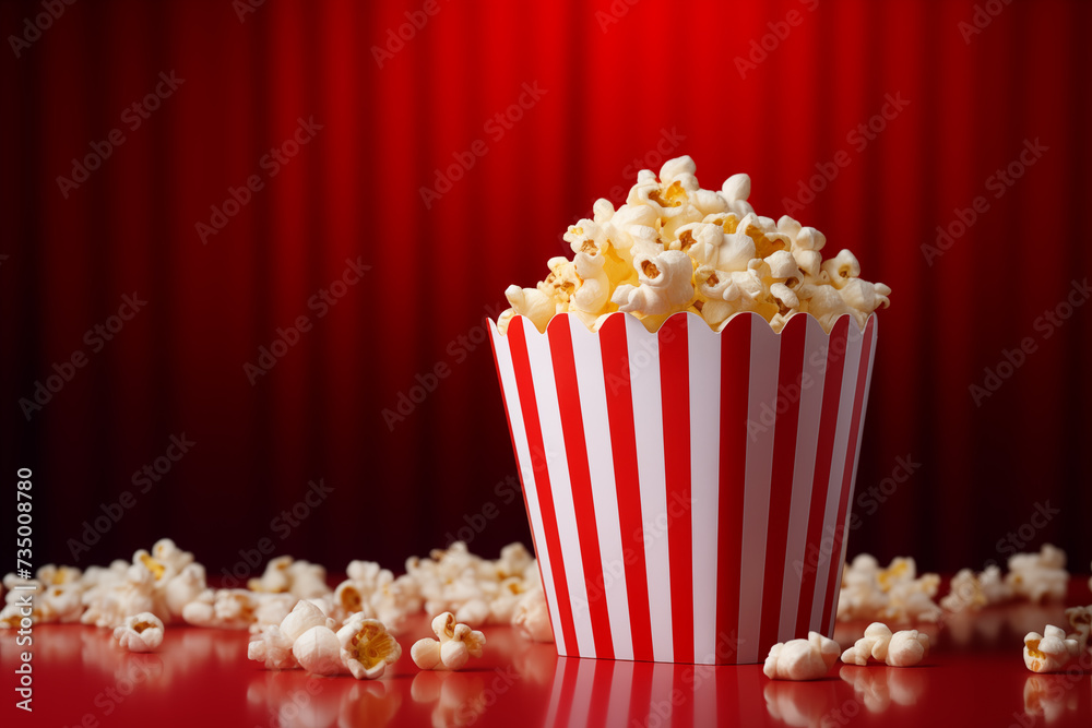 In a cinema red background, delicious homemade popcorn is presented in a striped bucket cup AI Generation