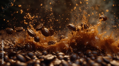 Caffeine Rush coffee beans cascading down like a waterfall into a cup of coffee, with splashes of liquid caffeine erupting upwards, burst of energy provided by a caffeine boost. © CraftyImago