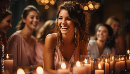 Young adults enjoying a fun night out, smiling and laughing generated by AI