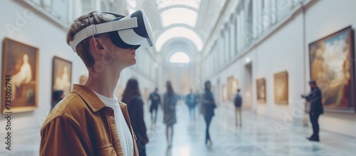 Virtual Art Gallery: A visual representation of a virtual art gallery or museum, with visitors wearing VR headsets and exploring digital artworks and exhibitions #735009744