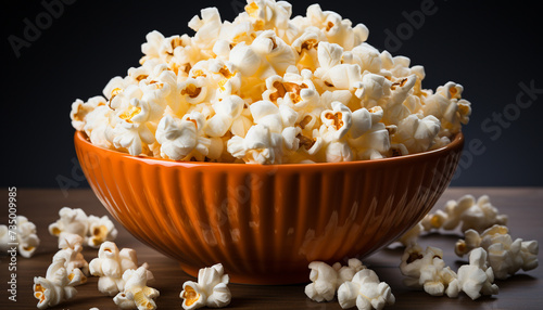 Fresh sweetcorn in a wooden bowl, perfect movie theater snack generated by AI