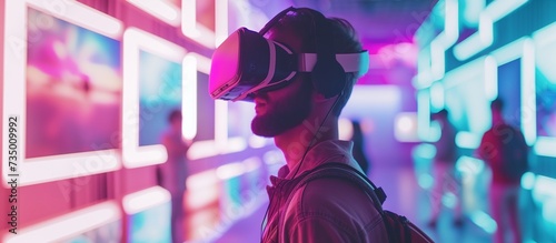 Virtual Art Gallery: A visual representation of a virtual art gallery or museum, with visitors wearing VR headsets and exploring digital artworks and exhibitions photo