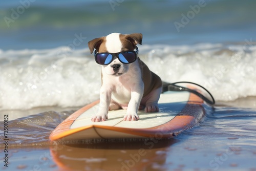 puppy on surfboard with wave reflecting in sunglasses © primopiano