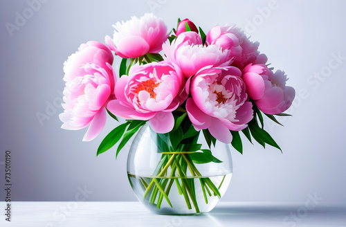 a bouquet of pink large peonies in a transparent vase in water stands on the table, light background © Ольга Смирнова