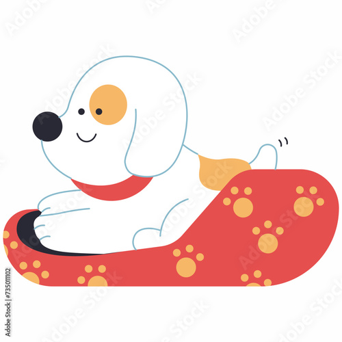 Cute puppy in dog bed vector cartoon illustration isolated on a white background.