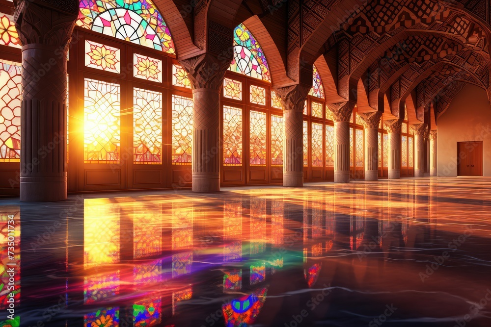 stained glass windows in Mosque. Interior of the mosque at sunset. 3d rendering. Colorful stained glass windows in the mosque.