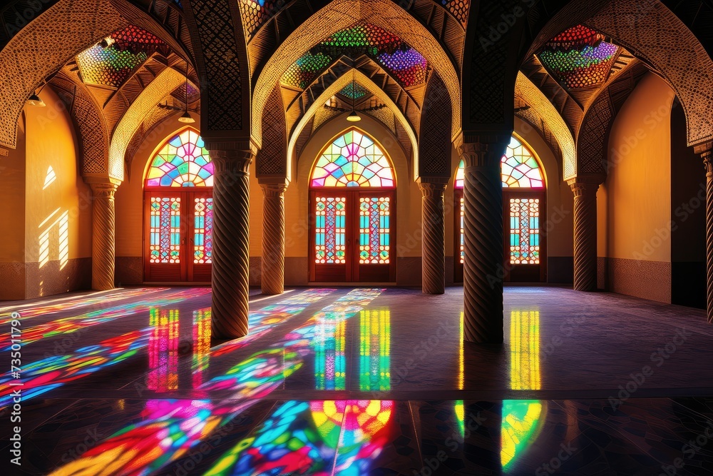 Islamic architecture. . Interior of the mosque in the city. Colorful stained glass windows in the mosque.