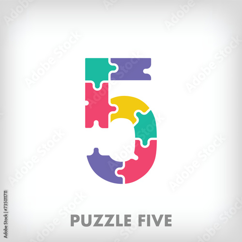 Creative puzzle number 5 logo. Unique color transitions. Education and reading and growth stage logo template. vector