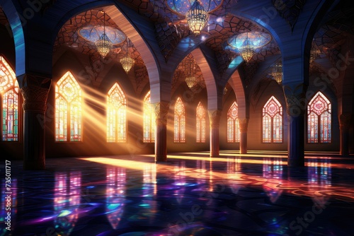 3D illustration of a mosque with stained glass windows and reflections in the water. stained glass windows in Mosque.
