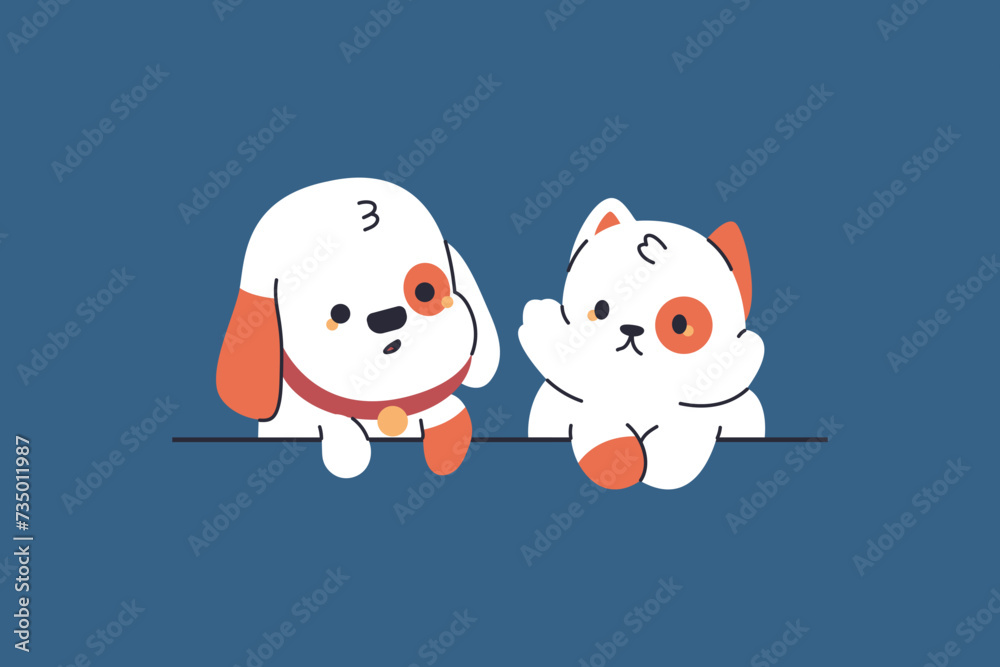 Puppy and kitten peeking over a blank sign vector cartoon characters. Puppy and kitten peeking over a blank sign vector cartoon characters.