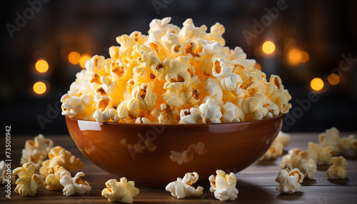 Fresh popcorn in a yellow bowl, perfect movie theater snack generated by AI