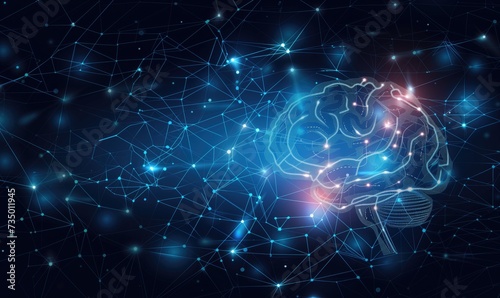 Glowing human or robotic futuristic brain in cyberspace on dark navy digital background as a symbol of future artificial intelligence learning technology