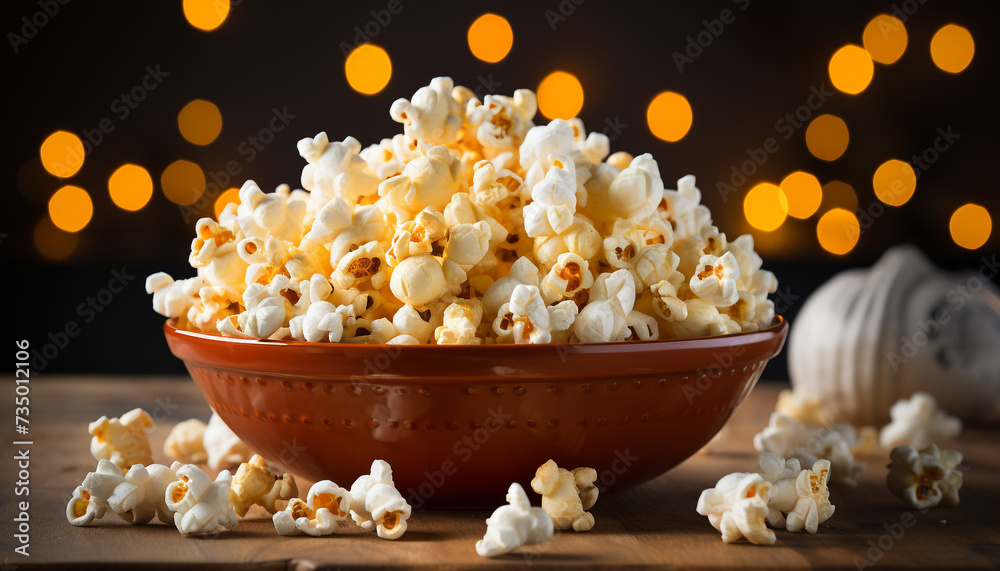 Fresh gourmet popcorn in a yellow bowl, perfect movie snack generated by AI Fresh gourmet popcorn in a yellow bowl, perfect movie snack generated by AI