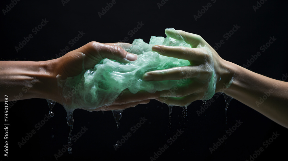 White peoples hands washing each other with green soap