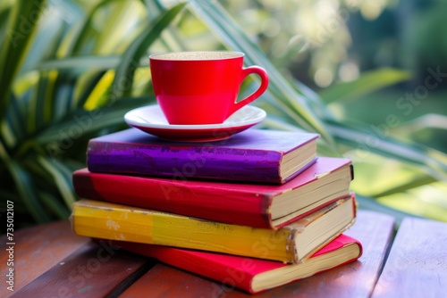 red, violet, and yellow books stacked with a cup of coffee on top