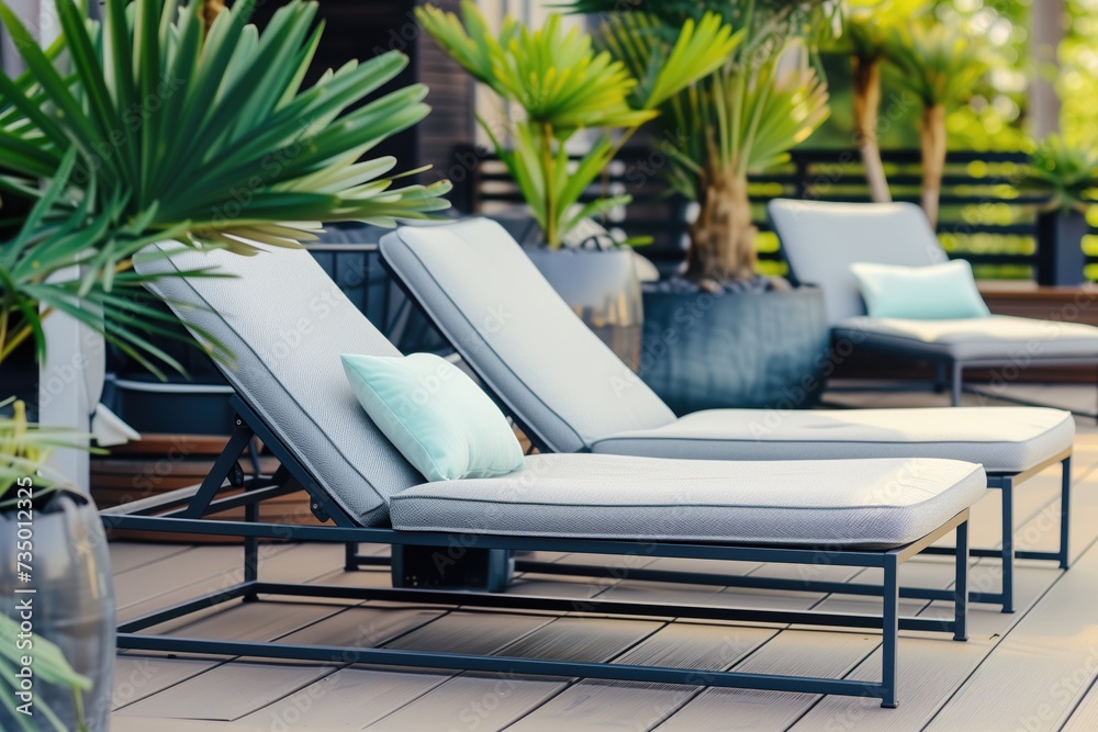 Fototapeta premium A tranquil resort terrace featuring comfortable seating and a stunning view of the Aegean Sea captured under clear skies.