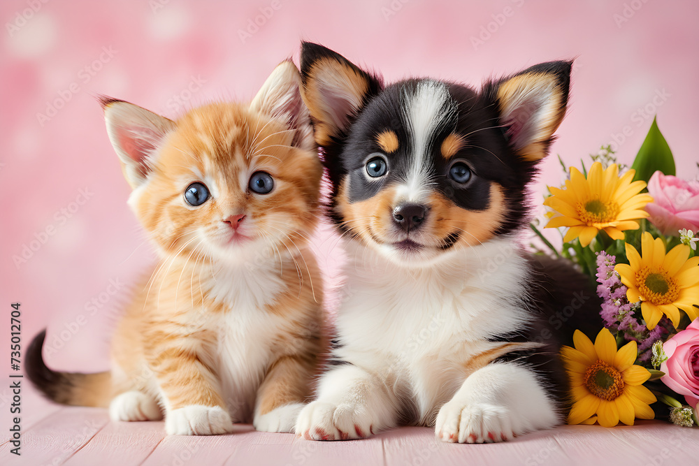 A puppy and a kitten smiling with a bouquet of flowers. Generative AI