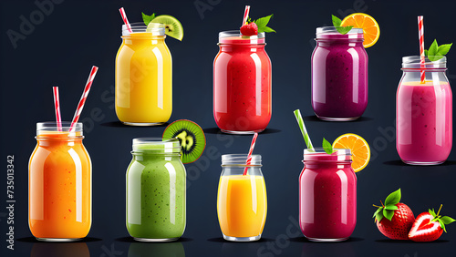 Vector collection of summer colorful fruit smoothies in jars: Set of juice.