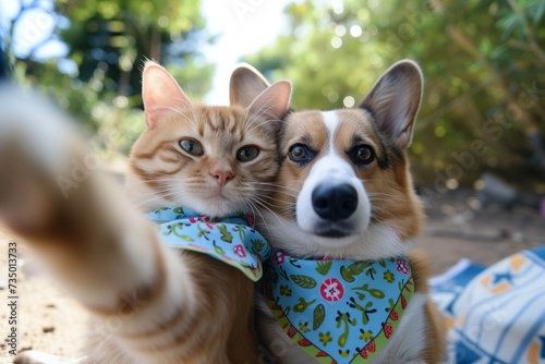 cat and dog wearing matching bandanas, taking a selfie