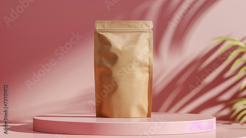 A blank labeled coffee bag mockup on a podium against a soft pink background.