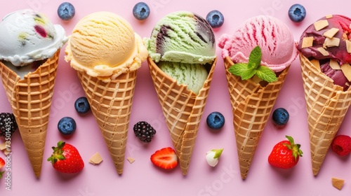 Five ice cream cones with different flavors are arranged in a row on a pink surface, adorned with an assortment of fresh berries and nuts.