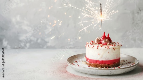 A single slice of layered birthday cake adorned with a lit sparkler and vibrant red garnishes is presented on a ceramic plate, capturing a moment of celebration.