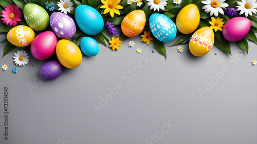 colorful Easter eggs and on light pastel background copy space. Easter eggs border