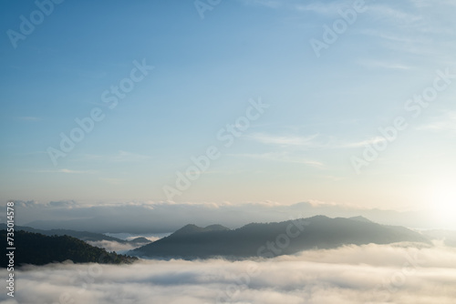 Panoramic of foggy at morning, Mountains top view of sunrise landscape in the rainforest, Thailand.