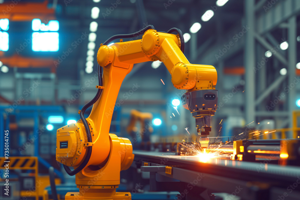 Robot arm is mounted on welder production line in modern steel welding facility. Generative AI