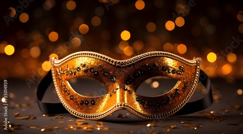 Carnival mask with golden confetti on bokeh background.