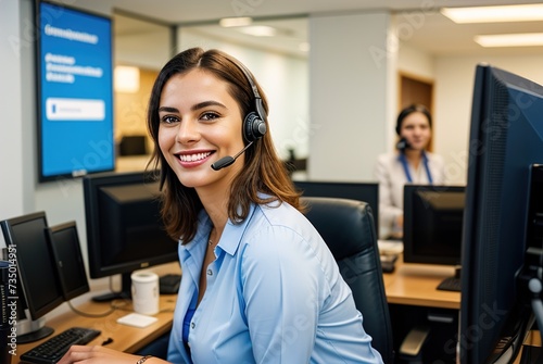 Portrait of smiling businesswoman working in a creative office. Smiling friendly woman working at a call center agent for online support. Young woman in video call with headphones looking at camera.