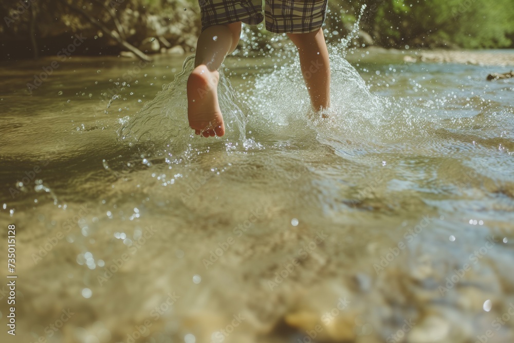 kid playing and splashing in a shallow creek spring kid playing and splashing in a shallow creek spring