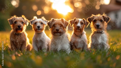 Portrait of a group of Jack Russell dogs in summer on a green lawn