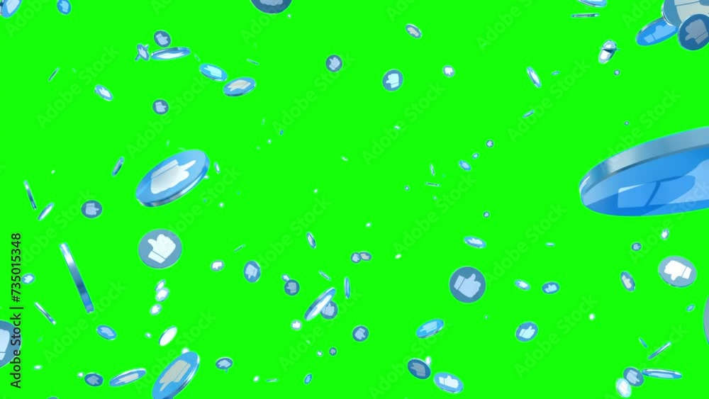 Explosion of colorful Like symbols on social media on Alpha mask and green screen