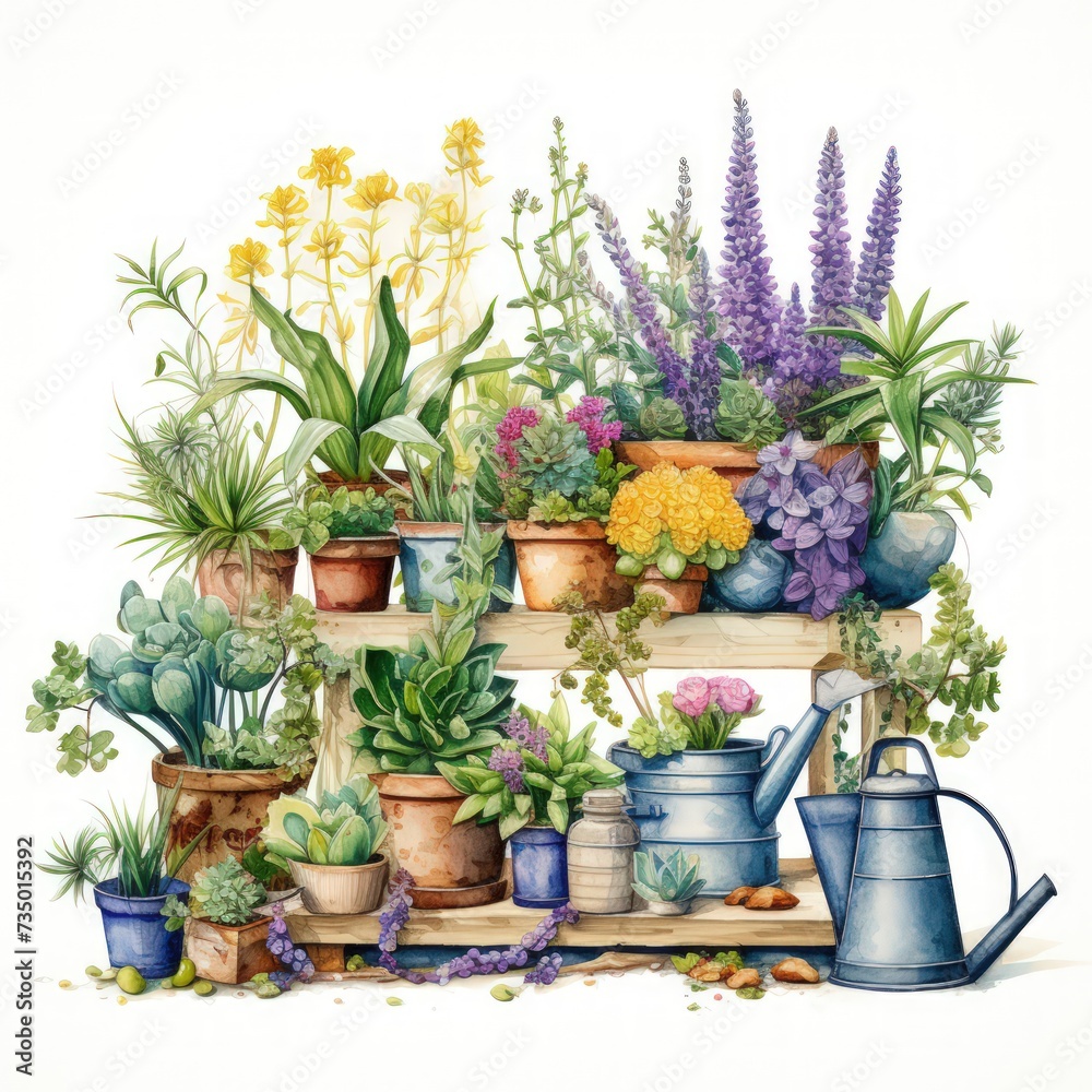 Illustration of a garden scene with various gardening equipment, flower pots, and blooming flowers Illustration of a garden scene with various gardening equipment, flower pots, and blooming flowers